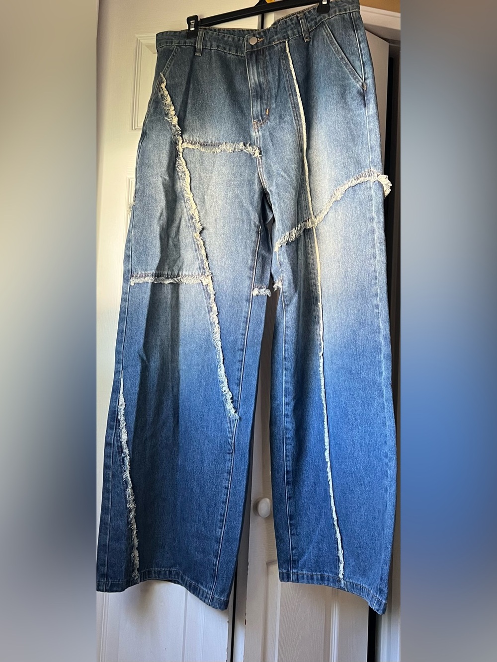 Fashion Nova Blue Patchwork Frayed Wide-Leg Jeans